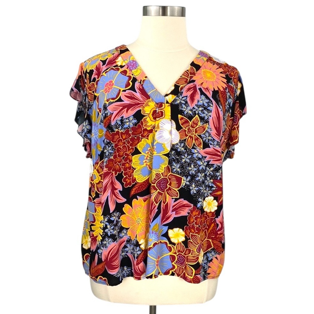 Rachel Rachel Roy Floral Hawaiian Tropical Print Flutter Sleeve V-Neck Blouse